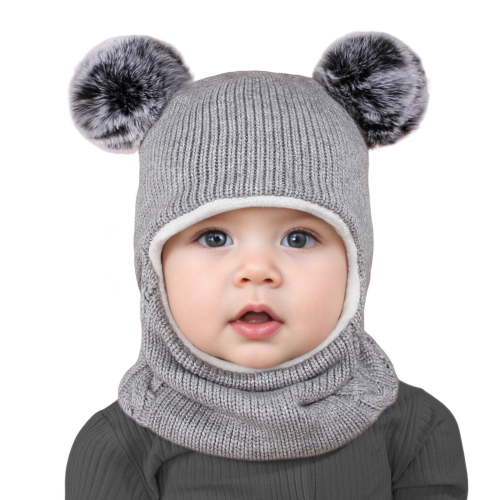 Baby Winter Knit Hat with Soft Pom Poms, Toddler Pullover Style Beanie with Integrated Neck Warmer, Cute Animal Ear Design Fleece Lined Cap for Infants and Kids Cold Weather Protection - Grey