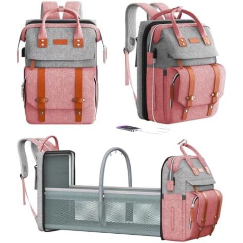 Diaper Bag Backpack with Changing Station, Large Diaper Bag, Multifunctional Diaper Bag, Baby Bag, PinkGray