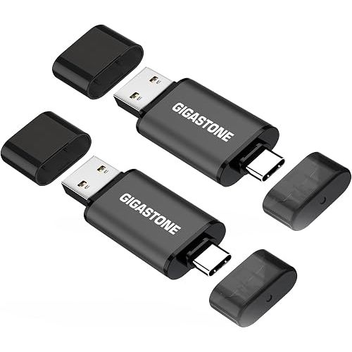 GIGASTONE 128GB Dual USB Flash Drive 2-Pack, USB 3.2 Gen 1, 2-in-1 USB C+A, Speed Up to 100MB/s, Head Cap Design Thumb Drive, Plug & Play for Smartphone/PC/Mac/TV/Car Audio, USB 2.0/3.0/3.1 Compatible