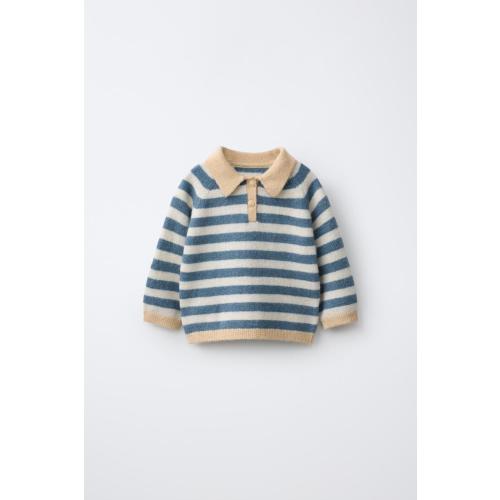 STRIPED KNIT POLO JUMPER - Mid-blue | ZARA United States