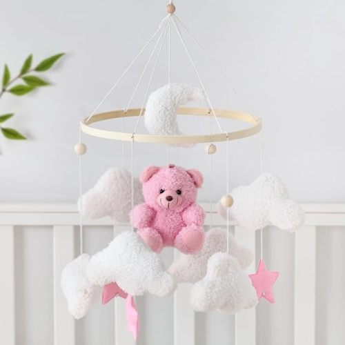 Baby Mobile for Crib Bear Cloud Crib Mobile Handmade Furry Nursery Mobile Gender Neutral Crib Toy Hanging for Nursery Decor Accessories
