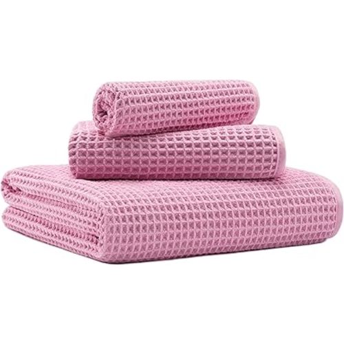 New Microfiber Waffle Bath Towels, 3 Pieces, Oversized, Soft, Absorbent, Fast Drying, Lint Free, Includes Bath, Face and Hand Towels 430 GSM