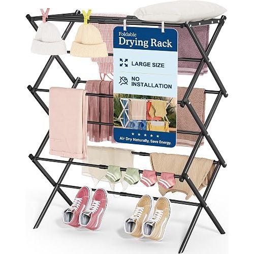 Oversize 3-Tier Clothes Drying Rack, No Install, Black