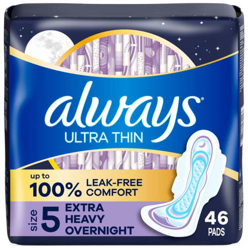 Always Ultra Thin Overnight Pads with Wings, Size 5, Extra Heavy Overnight Absorbency, 46 CT HSA/FSA Eligible