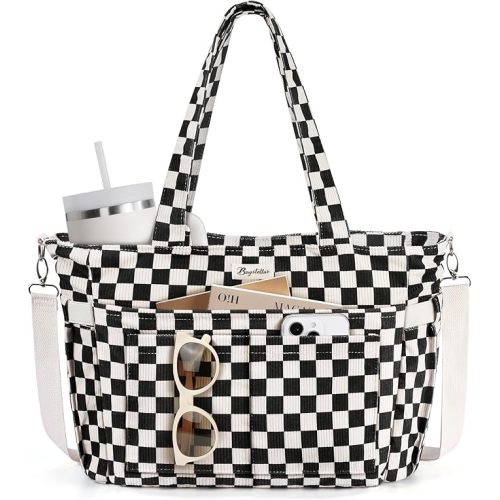 Bagstellar Corduroy Tote Bag for Women, 17 Pockets Laptop Work Tote Purse