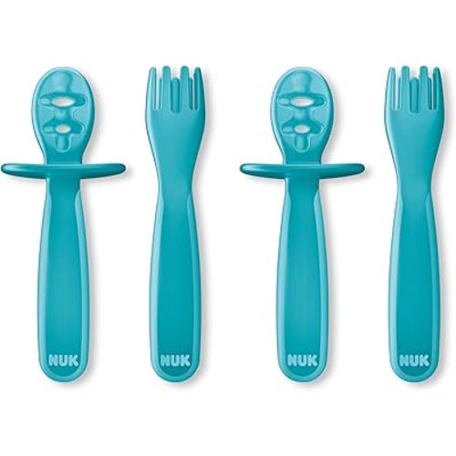 NUK Pretensil Dipper Spoon & Fork Set, Baby & Toddler Self-Feeding Utensils, Easy-Grip, Mess-Reducing Design, 4 Pack