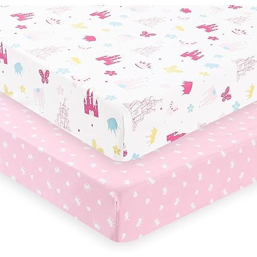 PHF Soft Crib Sheet Fitted, 2 Pack Baby Sheets for Boys Girls, 28x52x9in Fits Standard Crib and Toddler Mattresses, Silky Comfy Breathable Polyester Baby Mattress Sheets, Castle