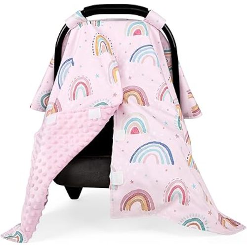 Car Seat Cover Baby, Peekaboo Opening Carseat Covers Baby Girl, Warm Minky Infant Car Seat Canopy, Multi-Use Cover Protecting Baby from Wind, Sun, Strangers, Pink Rainbow