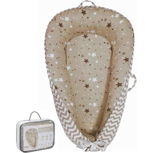 Baby Lounger | Organic Cotton Infant Lounger | Reversible, Adjustable & Portable Floor Lounger | Supervised Use | Soft, Breathable, Washable Cover- Star Collection (Tan)