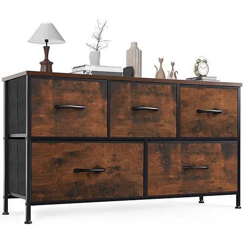 OLIXIS 5 Drawer Dresser Nightstand Classic Rust Brown, Wooden Top Metal Frame Fabric Storage Organizer for Bedroom Living Room Entryway, Wide TV Stand Closet Chest Furniture