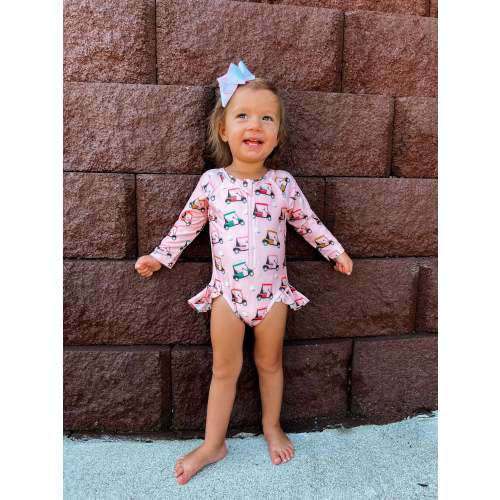 Pink Golf Cart / Skipper Rashguard Swimsuit / UPF 50+