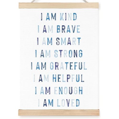 PQKIY Blue Boys Positive Affirmations Wall Art Poster Hanger Frame 12x16 in, I Am Brave Inspirational Wall Decor Canvas Prints for Nursery Boys Kids Room Bedroom Playroom