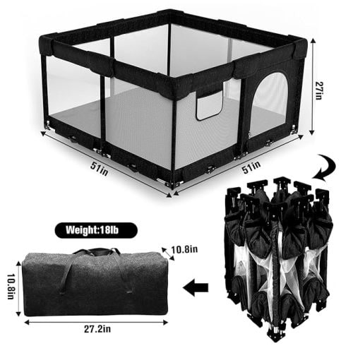 Foldable Baby Playpen,Collapsible Playpen for Babies and Toddlers, Extra Large Foldable Playpen for Baby with gate, Baby Activity Center with Fence, Travel Play Pen (51"×51" Black)