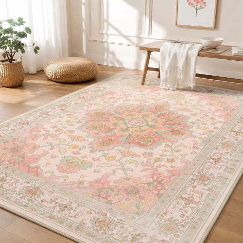 5x7 Washable Low Pile Nursery Area Rug for Girls Pink and Green