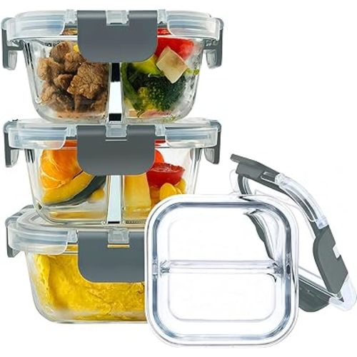 Snack Food Storage Containers with Two 4 oz Compartments (3 Pack), Reusable Glass Snack Containers with BPA Free Airtight Lids (Gray)
