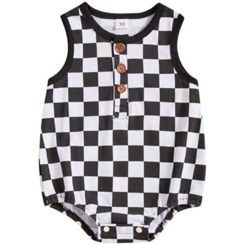 Baby Boy Checkered Clothes Sleeveless Bubble Romper Onesie Newborn Summer Retro Bodysuit Infant Race Car Outfit