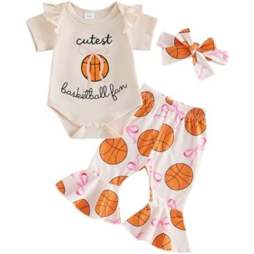 Newborn Baby Girl Basketball Outfit Cutest Basketball Fan Bow Romper Flare Pants Set 3Pcs Infant Summer Clothes