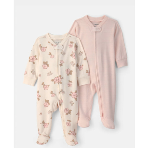 Baby Girl 2-Pack Floral Striped 100% Cotton 2-Way Zip Sleep & Play Pajamas - Pink/Ivory | Carter's