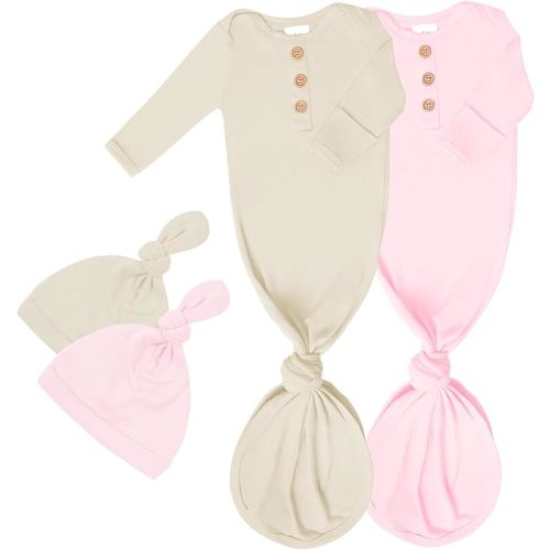 2-Pack Newborn Baby Knotted Gown and Hat Set, Soft Stretchy Infant Sleepwear with Mittens, 4-Piece Outfit (0–6M)