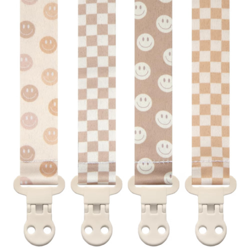 Baby Pacifier Clip Holder - Girl or Boy Unisex 4 Pack Gift Set - Retro Checker and Smiley Faces Design