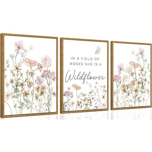 3Pcs Framed Watercolor Flowers Nursery Wall Art Florals Botanical Sentence Picture Wall Decor Pink Wildflowers Poster Print Artwork for Girl Nursery Bedroom Livingroom Inspirational Wall Decoration