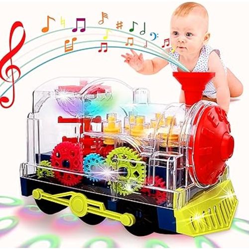 Light Up Transparent Gear Train Toy for Toddlers, Musical LED Crawling & Tummy Time Baby Toy, Educational Sensory Toys for Infants, Boys & Girls