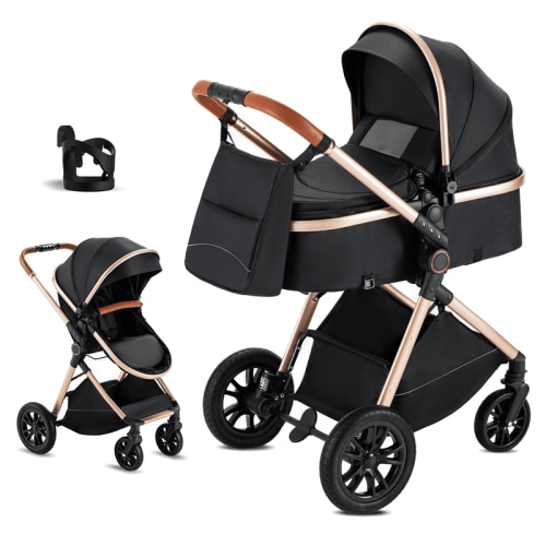 2 in 1 Baby Stroller, Convertible Bassinet Pushchair for Infants and Newborns 0-36 Months-BlackGold