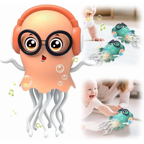 Dancing Jellyfish Baby Toy,Tummy Time Toys for Kids, Magic Electric Dancing Octopus Toy with Led Light and Music, Crawling Musical Baby Toys for 3 4 5 6 Birthday Gifts (Orange)