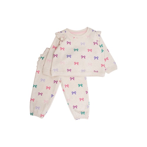 Heather Oatmeal Ribbons Cotton Sweatshirt & Sweatpants Set, 3-6M