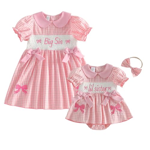 Big Little Sister Matching Outfits Summer Short Puff Sleeve Peter Pan Collar Bow Embroidery Plaid Romper/Dress