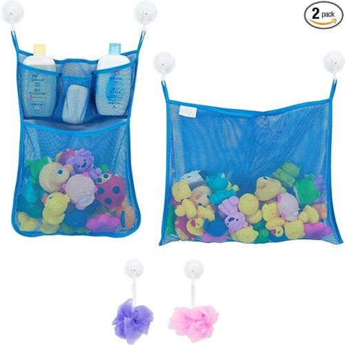 2 x Mesh Bath Toy Organizer + 6 Ultra Strong Hooks – The Perfect Bathtub Toy Holder & Bathroom or Shower Caddy – These Multi-use Net Bags Make Baby Bath Toy Storage Easy – For Kids & Toddlers