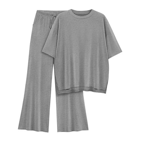 Womens Lounge Set 2026 Summer 2 Piece Outfits Oversized Short Sleeve Tops & Wide Leg Pant Matching Sets Clothing