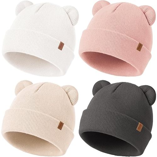 Konssy 4 Pack Baby Winter Hat with Bear Ears, Warm Rib Baby Knit Beanie for Newborns & Infants, Cozy Hat 0–6 Months