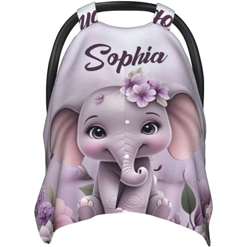 Personalized Baby Purple Elephant Car Seat Canopy for Babies,Custom Name Elephant Car Seat Covers Boys Girls,Stroller Cover,Opening Minky Nursing Breastfeeding Cover for Infant,Newborn