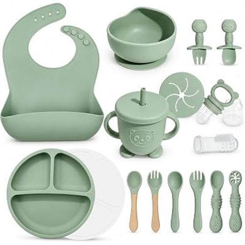 Silicone Baby Feeding Utensils Set for 6+ Months, 17 Pcs, Green