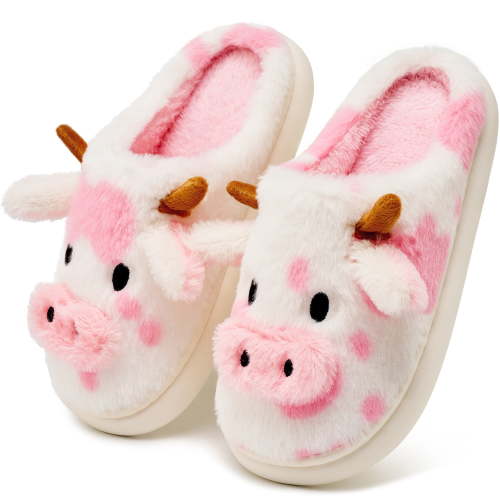 Ecetana Fuzzy Slippers for Women Cute Cow House Slippers Non-Slip Home Shoes with Memory Foam