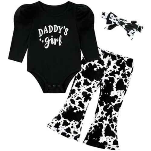 Baby Girl Romper Set and Bell Bottom Pant with Bow Headband Infant Fall Outfit 6-18M