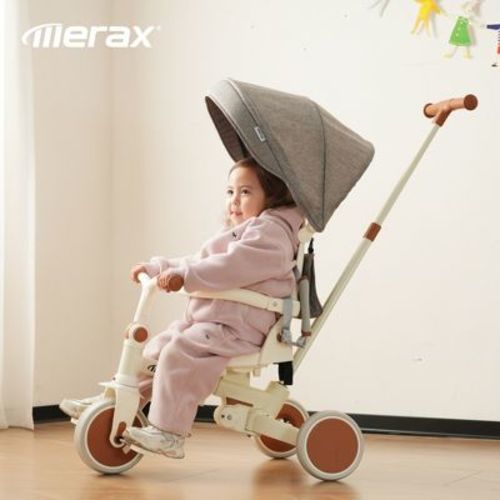 7-in-1 Foldable Toddler Tricycle with Adjustable Parent Handle, Removable Pedal, Canopy & Guardrail, Trike for Kids 12-72 Months, Ivory - Merax