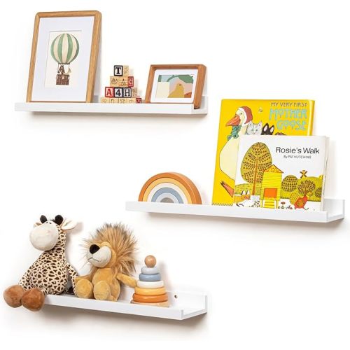 Picture Ledge Shelf for Wall, 24 inches Solid Pine Wood Nursery Book Shelves 3 Packs, Floating Ledge Shelves for Kids' Room Bedroom Bathroom Living Room Photo Frames Office Nursey Wall Decor, White
