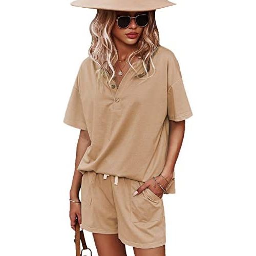 CORSKI Women's Short Sleeve Sweatsuit Sets Lounge 2 Piece V Neck Tracksuit Casual Loose Fit Outfits