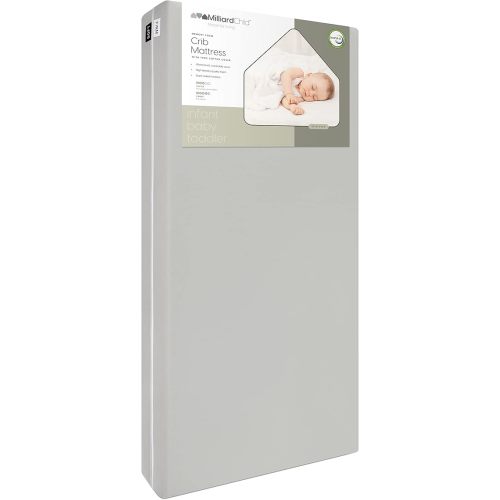 Milliard Memory Foam Crib Mattress, New Edition, Flip Technology, Firm Side for Baby and Soft Side for Toddler - 100% Cotton Cover, Made in The USA, 5.5x52x27.5 in.
