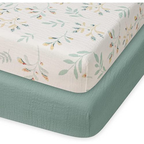 Blissful Diary Muslin Mini Crib Sheets, Pack and Play Mattress Sheets Fitted for Pack N Play, Soft Cotton for Boys Girls, 2 Pack(Roman Green&Leaf)