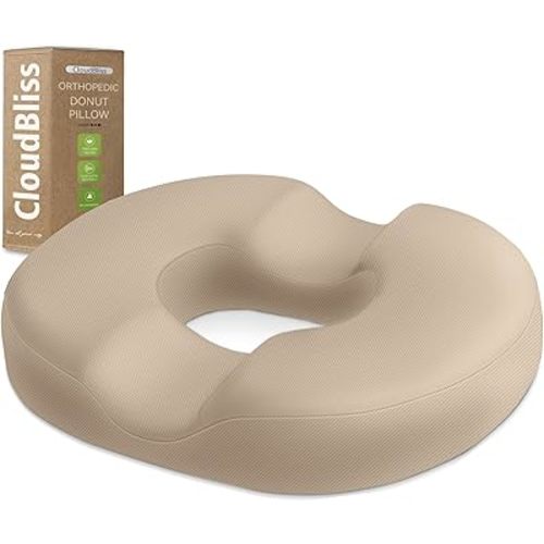 CloudBliss Donut Pillow Seat Cushion Chair Pad for Tailbone Pain Relief and Hemorrhoids, Memory Foam Seat Chair Cushion for Men and Women for Home & Office, (Khaki-XL)