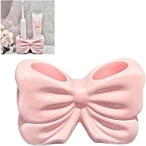 Bowtie Toothbrush Holder,Cute 2 Slots Ceramic Toothbrush Holder,Bowtie Personalized Decoration,Home Countertop Accessories for Bathroom Bow Decor Portable Quick Dry (Pink)