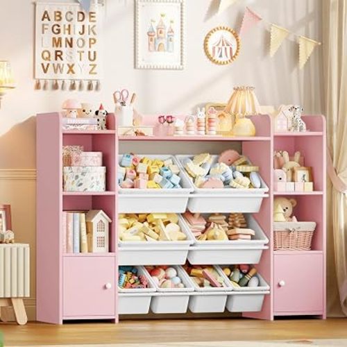 FOTOSOK Toy Storage Organizer with 8 Toy Bins, Toy Organizer Kids Bookshelf with 6 Storage Cubbies, Stuffed Animal Storage Organizer, Playroom Storage and Toy Chest, Pink