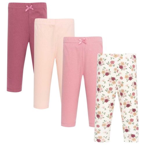 Hudson Baby Infant Girls Cotton Pants and Leggings 4-Pack, Mauve Floral Love, 9-12 Months