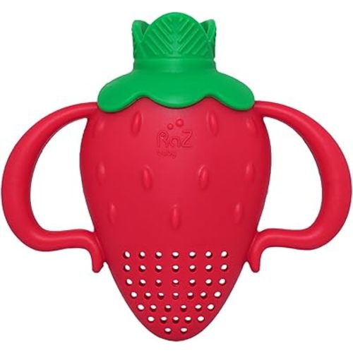 RaZbaby Fruitique Fruit Feeder One-Piece Baby – Larger Opening for Refilling & Fits More Fresh/Frozen Fruit for Teething Relief, Easy to Hold, Safer Design, BPA-Free, Dishwasher Safe - Strawberry