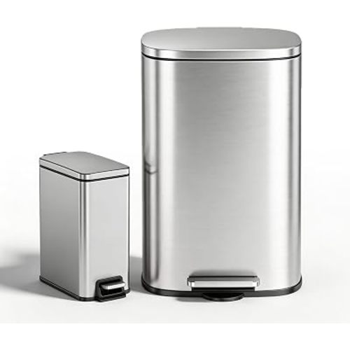 Xcity Stainless Steel Garbage Can Set, 13 Gallon Kitchen Trash Bin with 1.6 Gallon Mini Waste Can, Soft Close Lid and Foot Pedal for Office, Industrial, and Indoor Spaces
