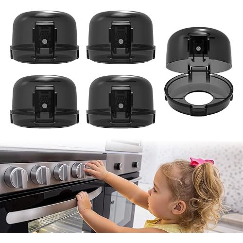 Stove Knob Covers - 5 Pack Heat Resistant Gas Stove Knob Covers with Child Proof Lock & Strong Adhesive, Oil-Proof Oven Knob Covers with Semi-Transparent Design, Black