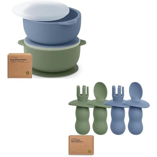 KeaBabies 2-Pack Silicone Suction Bowls with Lids and 2-Set Silicone Baby Utensils - Suction Bowls for Baby Boy, Girl, Self Feeding, BLW Utensils
